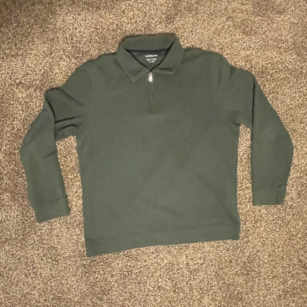 Green quarter zip collared shirt and cream collared polo shirt